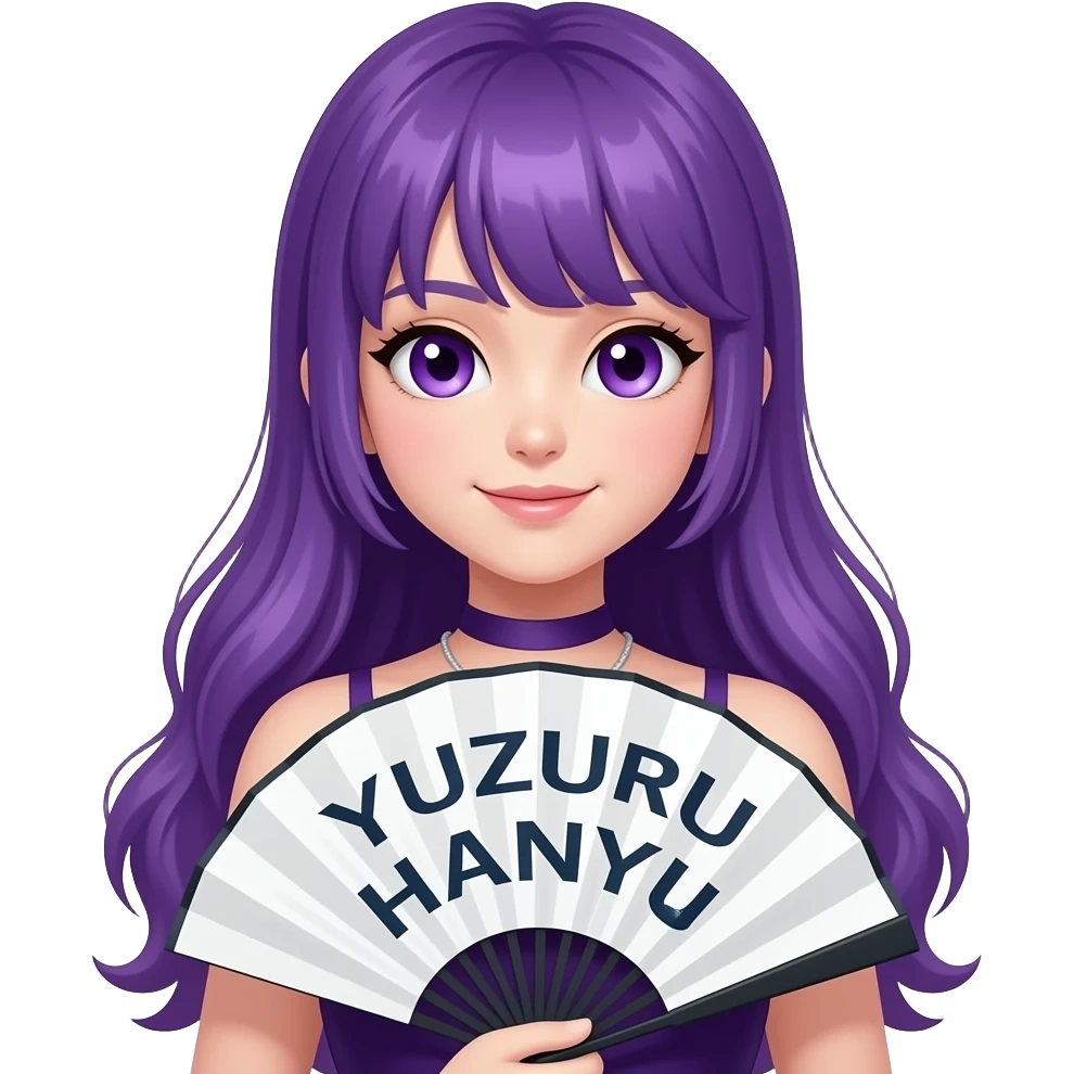 sexy girl with long purple hair and purple eyes holding YUZURU HANYU FAN GIRL sign emoji