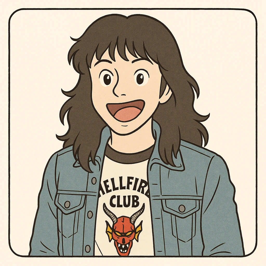 Eddie Munson from Stranger Things, iconic look: long hair, denim jacket, Hellfire Club t-shirt, animated expression, simple line art, light pastel tones, thick outlines, in Ghibli style, square 1:1 format. emoji