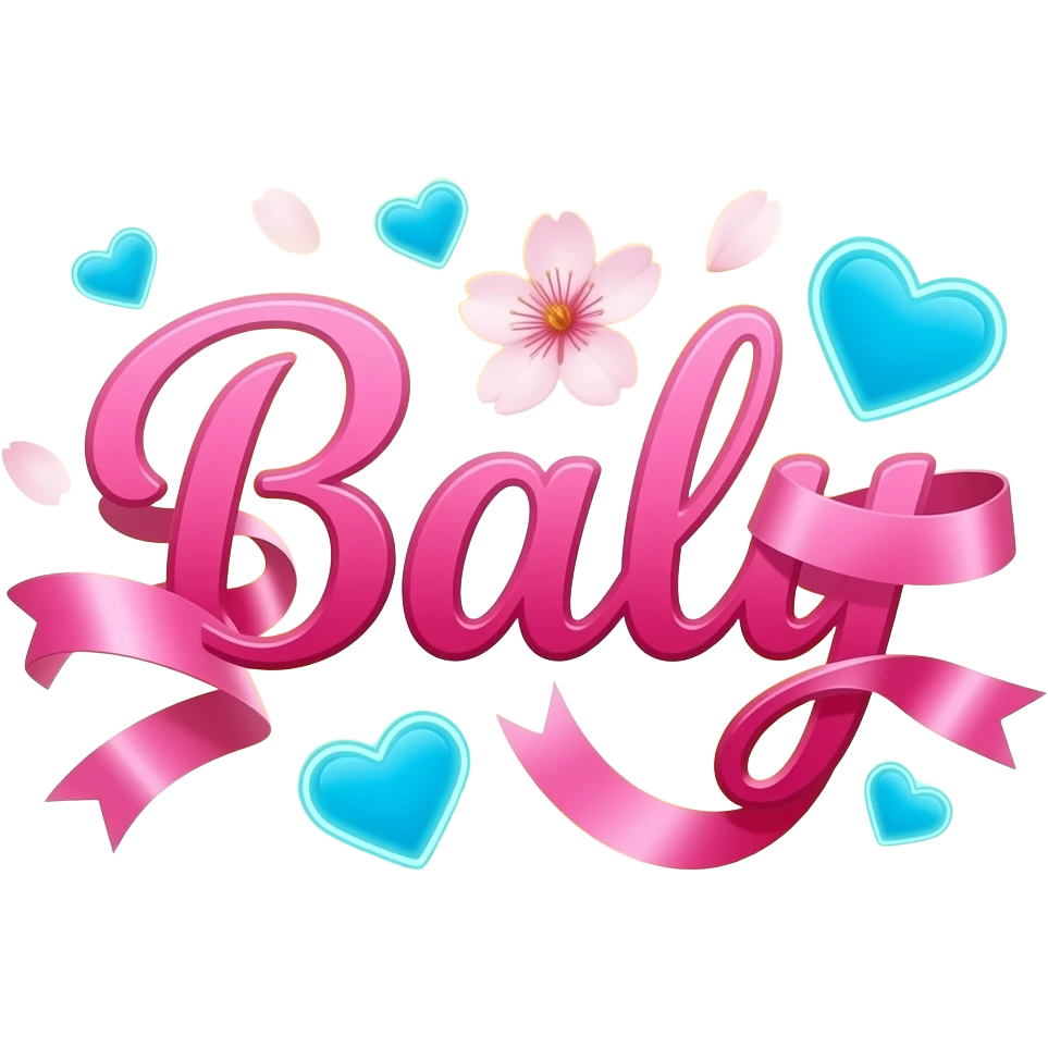 A sleek, hot pink text 'Baly' decorative symbols, adorned with satin ribbons and glowing neon-blue hearts. Surrounded by floating cherry blossom petals and golden bokeh. Vibrant, modern, and feminine with a cinematic glow emoji