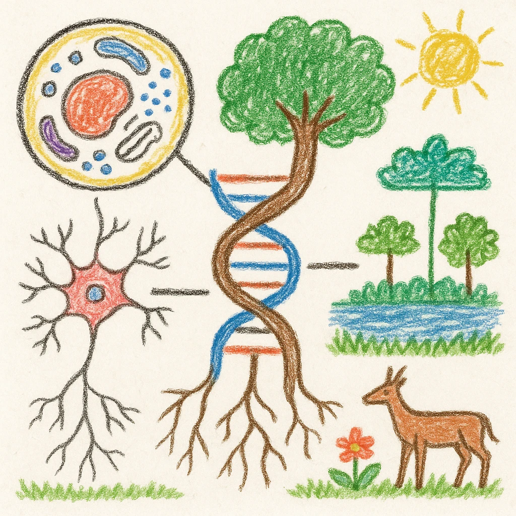 A realistic biological illustration (like in a school book) showing: DNA strands transitioning into a tree, cells with visible organelles, neurons connected to plant roots  and a balanced ecosystem background . Seamless integration, no labels or borders, white or transparent background, detailed but minimalist.  emoji