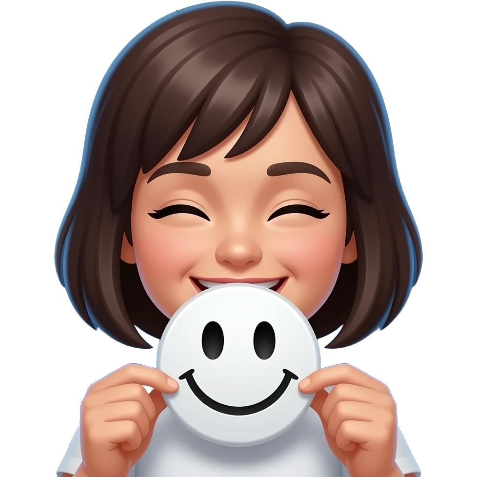 “Apple-style emoji of a brown-haired person holding a white smiley-face disc over their mouth, soft glow, dark neon background, smooth gradients, minimal detail emoji