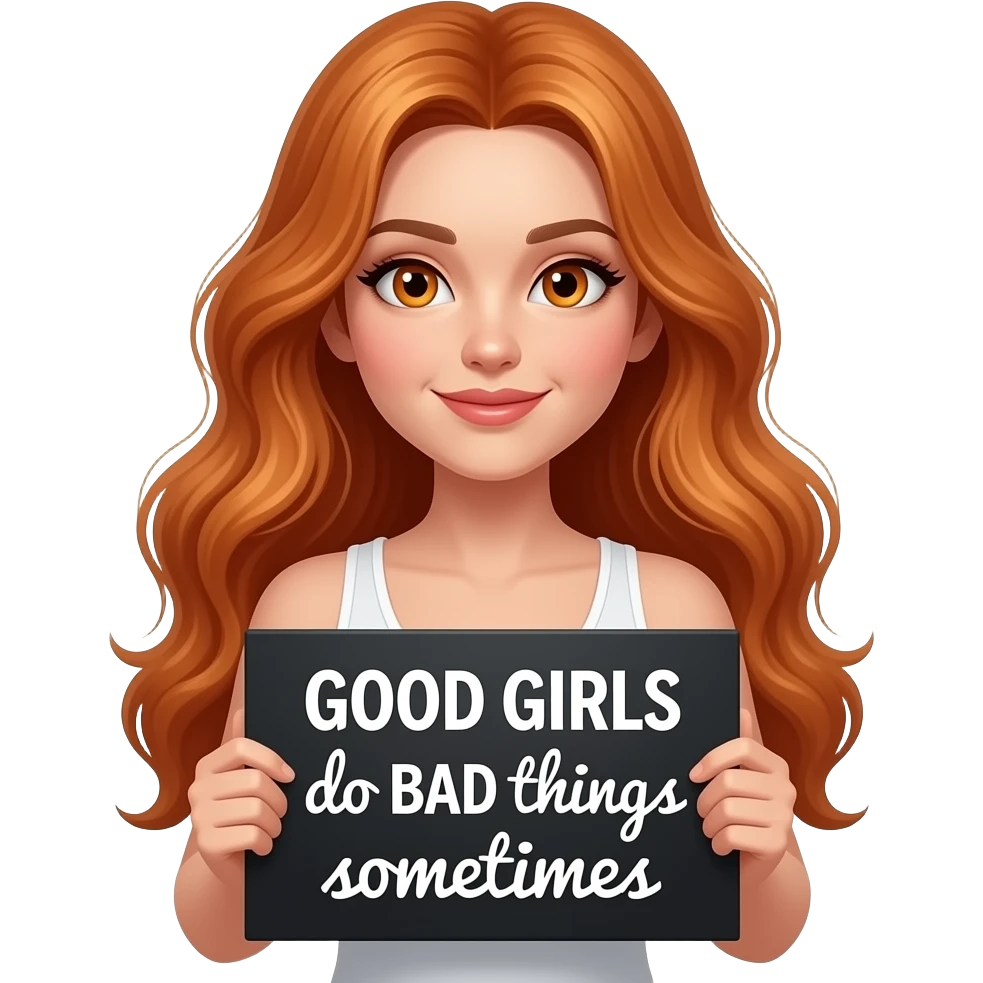 sexy girl with long wavy ginger hair and ginger eyes wearing a white tanktop is holding a black colored sign with GOOD GIRLS do BAD things sometimes written on it emoji
