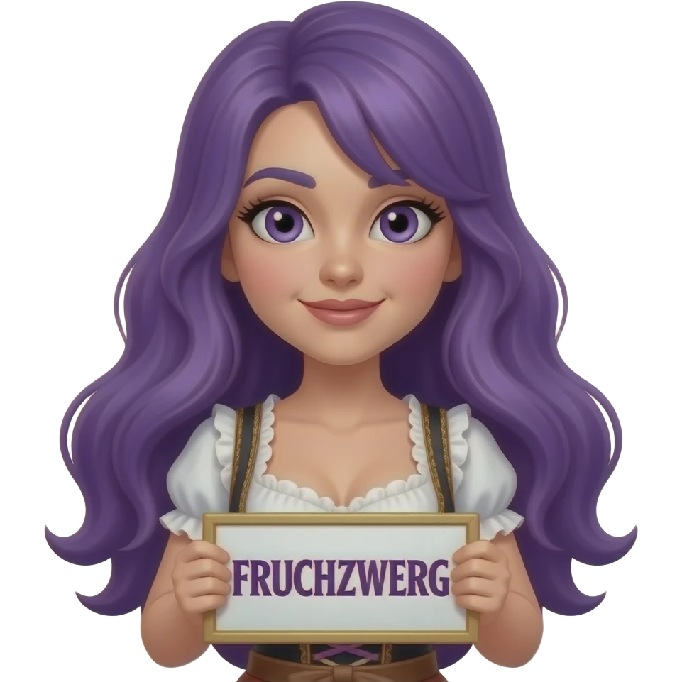 sexy girl with long purple hair and purple eyes wearing a dirndl holding a FRUCHTZWERG sign emoji