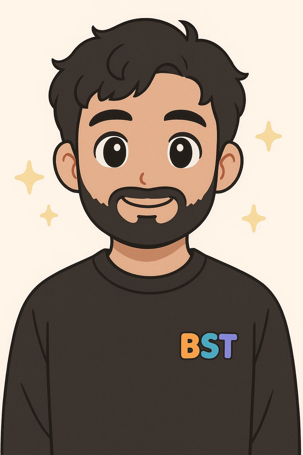 2D digital anime-style portrait of a young adult male with medium skin tone, short wavy black hair, almond-shaped black eyes, and a full beard. Wearing a plain black sweatshirt with the BST logo in vibrant colors (orange, teal, purple, blue) on the left chest. Solid black background. Facing forward with a slight smile (no teeth). Soft and flat lighting, clean anime lines, smooth shading. Professional, cohesive team style. emoji