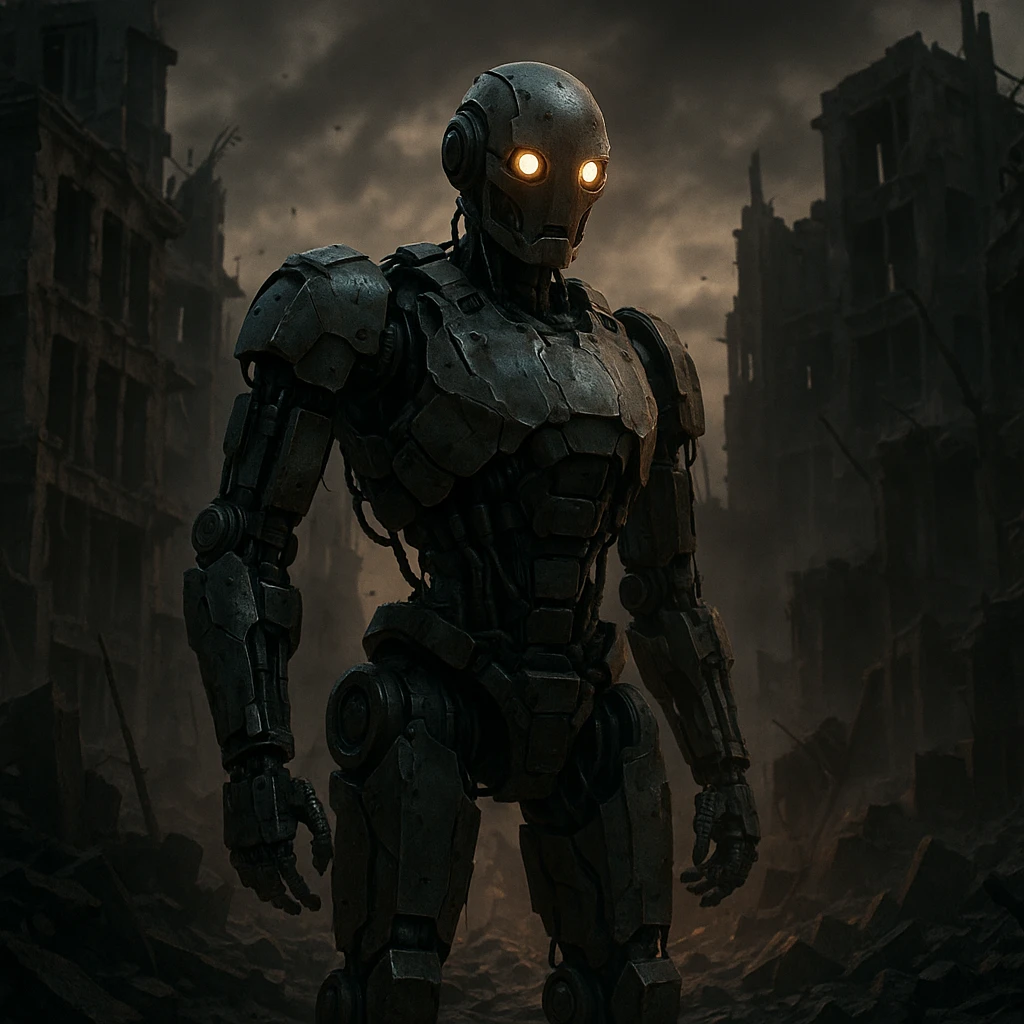 AI robot in a post-apocalyptic world, surrounded by ruins, dramatic lighting, dystopian atmosphere emoji