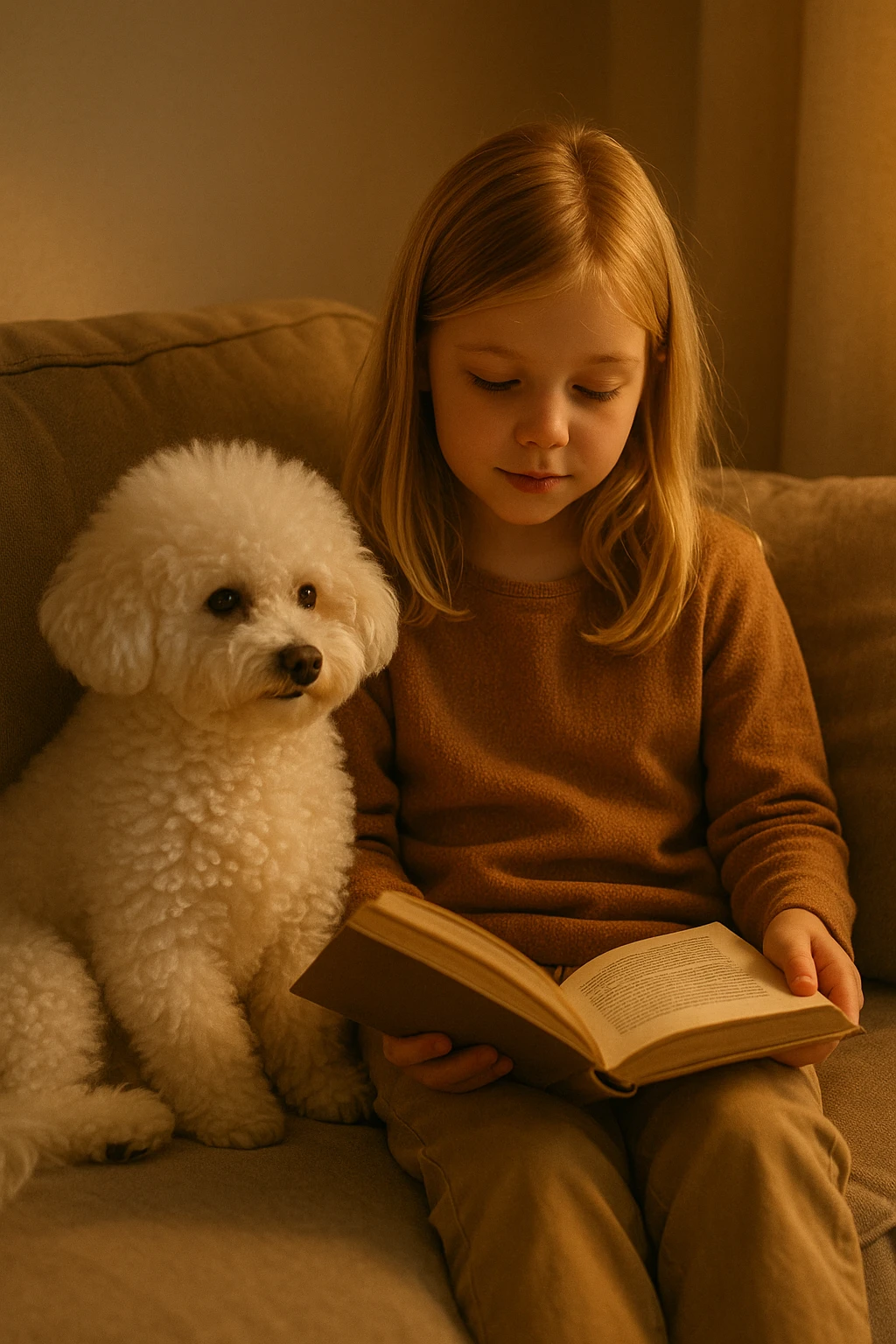 girl with blond hair reading with a bichon dog, sitting on a couch emoji
