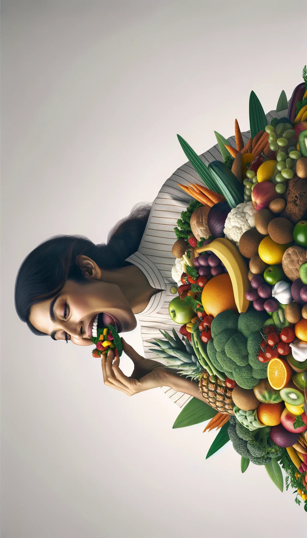 donna che mangia una montagna di frutta e verdura, SFONDO CHIARO NEUTRO, colori realistici, iperrealistico 4k emoji