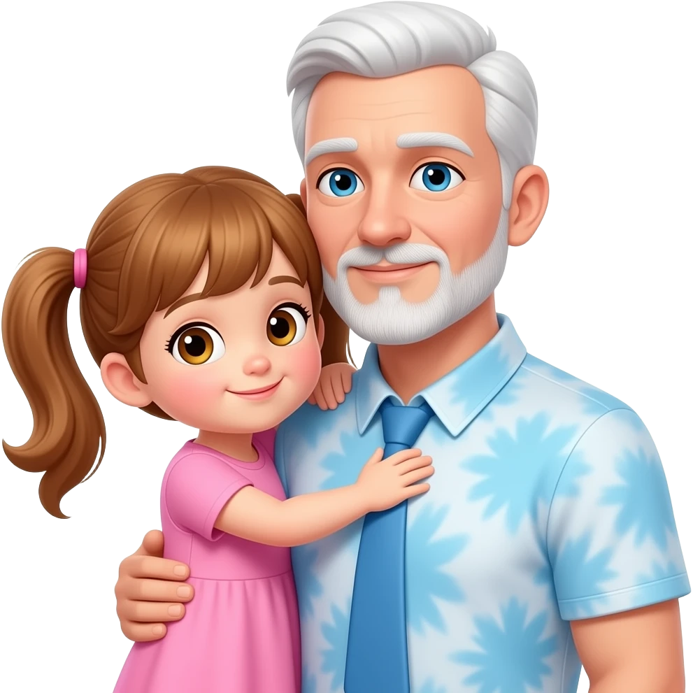 Auburn haired girl child with hazel eyestwin ponytails wearing an all pink dress hugging a light blue eyed partially balding adult father with side white fringe white eyebrows and white scruff style breardwearing a light blue tye dye t-shirt emoji