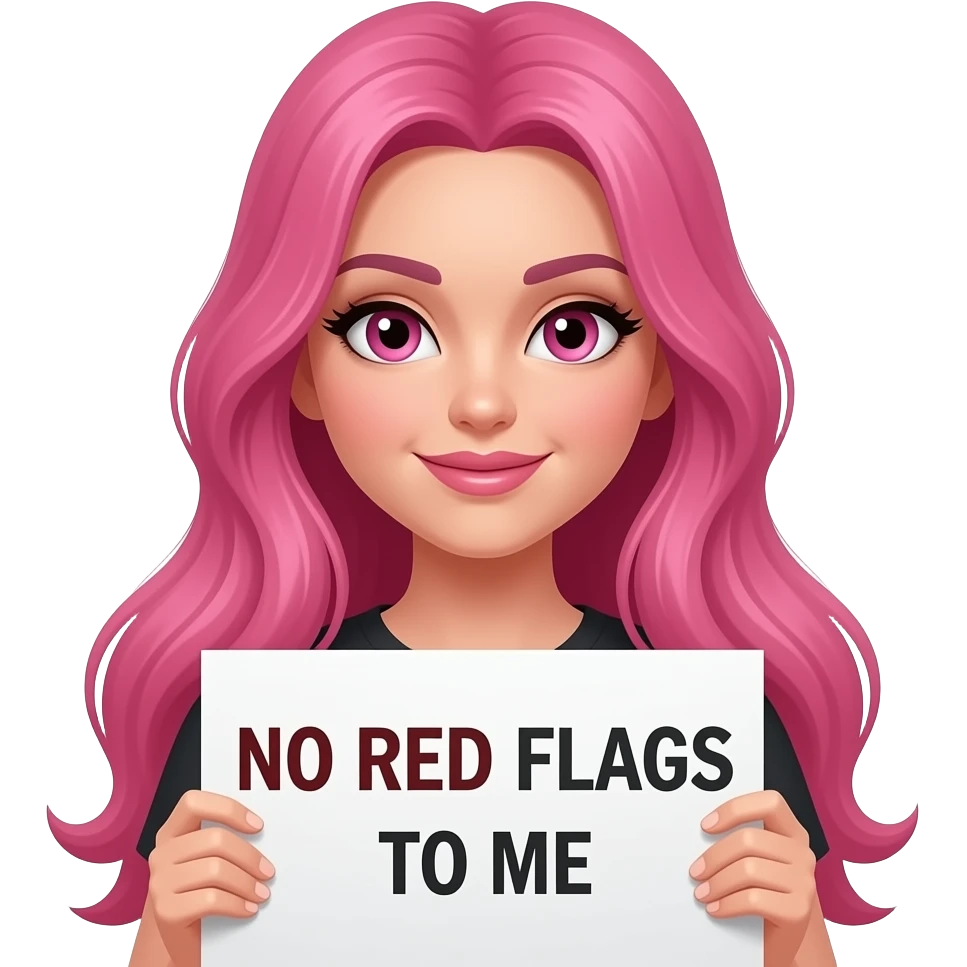 sexy girl with long pink hair and pink eyes wearing a holding a NO RED FLAGS TO ME sign emoji