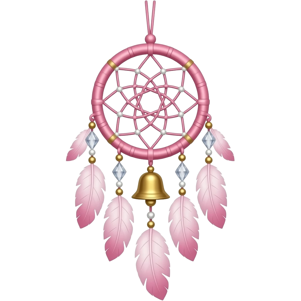 Hanging pastel Sakura-pink white gold crystals white-pearly suncatcher dreamcatcher with bells and feathery ornament emoji