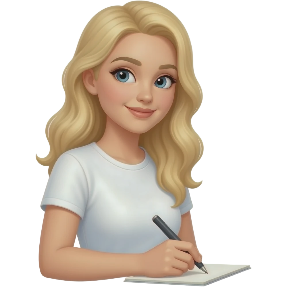 strawberry blonde fair skinned long hair woman in white tshirt writing angled to the side emoji