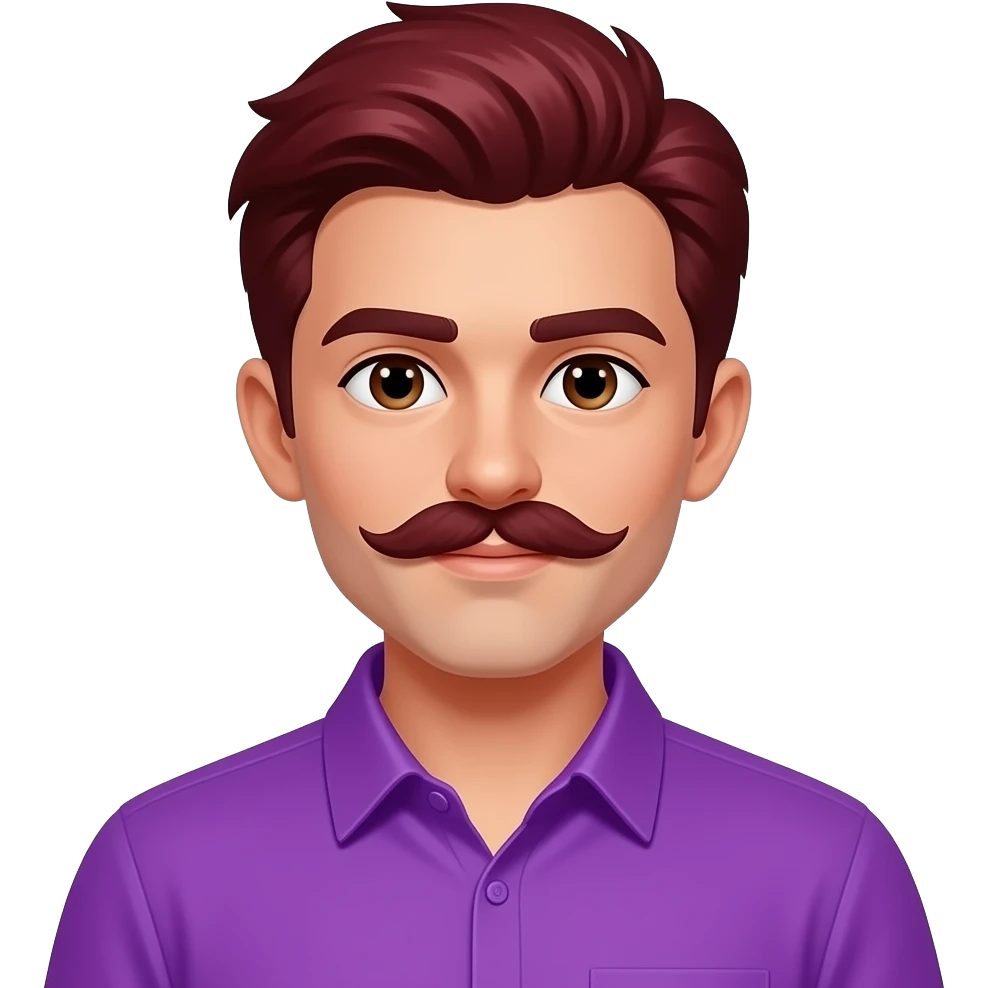 a boy in vibrant purple shirt with mehroon hairs and long mostache emoji