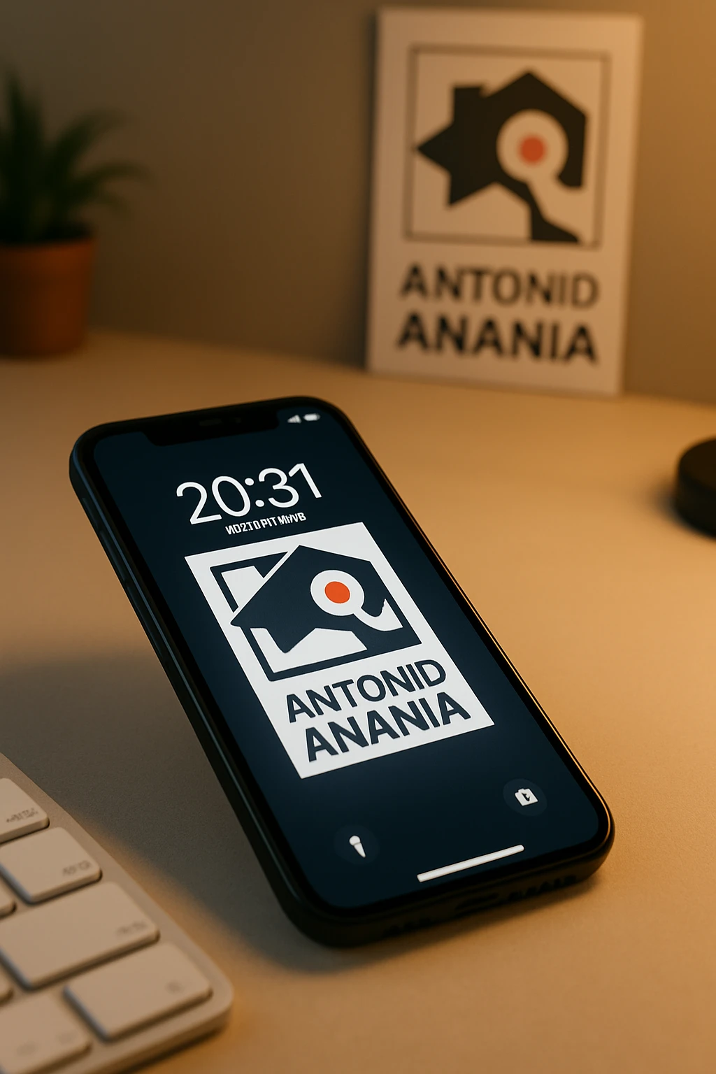 A photo of an iPhone on the desk with the message "Antonio Anania" on its screen, The phone sits atop a desk with a blurred background that suggests work environment. A faint glow from above casts gentle shadows across the surface of each object, creating depth and highlighting their textures emoji