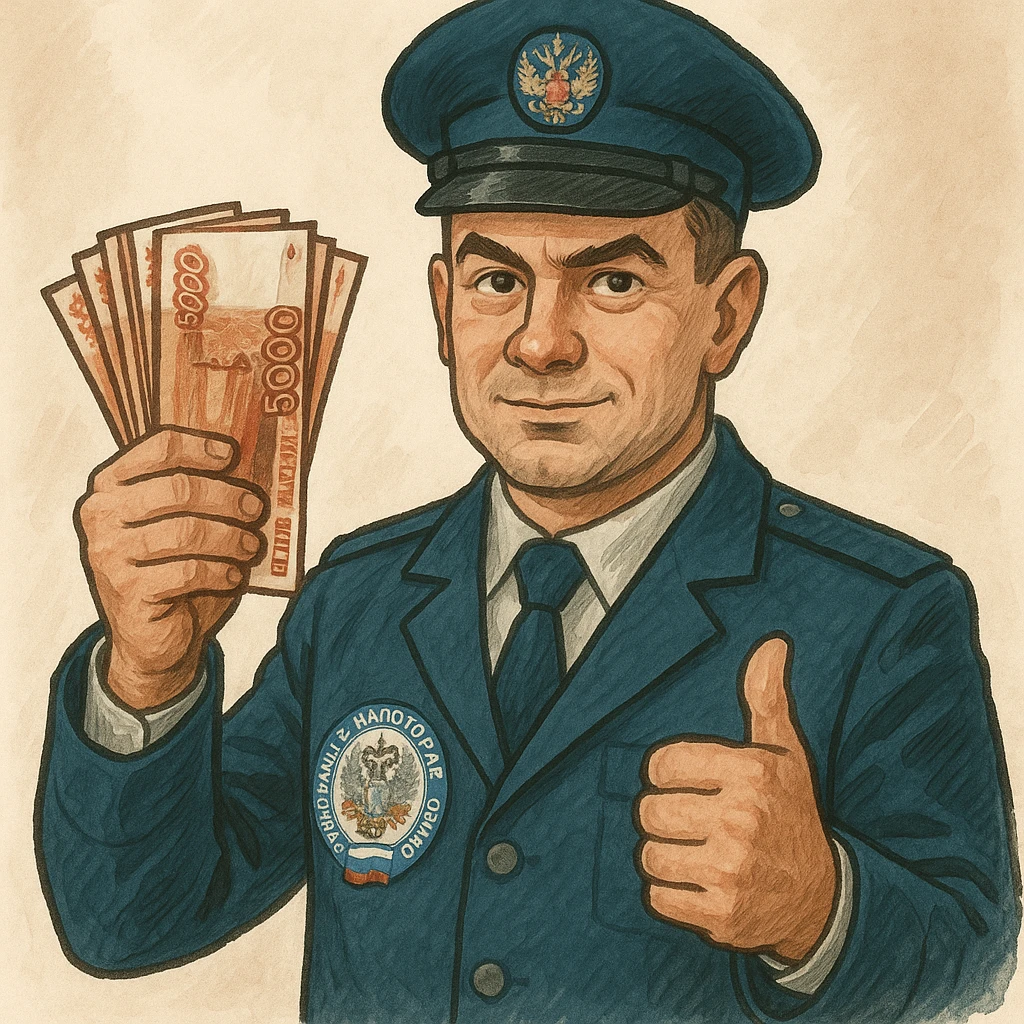 В слегка рисованном, но при этом объемном стиле инспектор ФНС держит пачку 5000 тысячных купюр, другой показывает класс и смотрит ровно на зрителя emoji