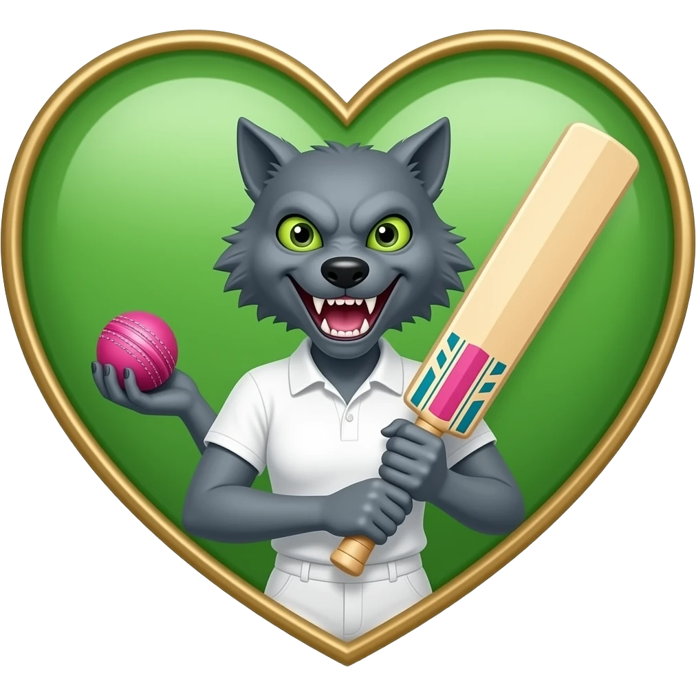 Realistic Green and gold heart background with a grey scary female adult snarling werewolf wearing cricket clothes holding a pink cricket ball and cricket bat emoji