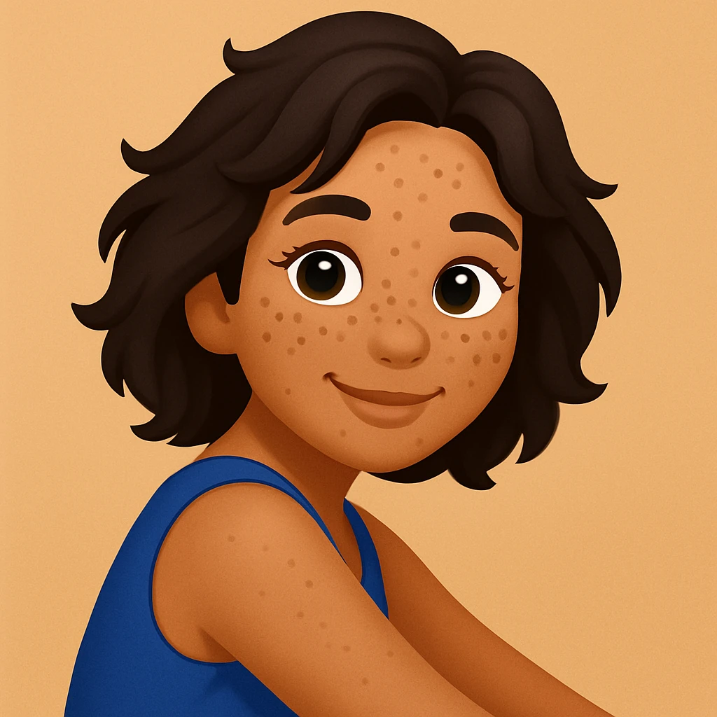 turn the second man in emoji style of the 1st image, match the facial features and match dressing style of the 2nd image, she is wearing blue tank top lose, side pose emoji