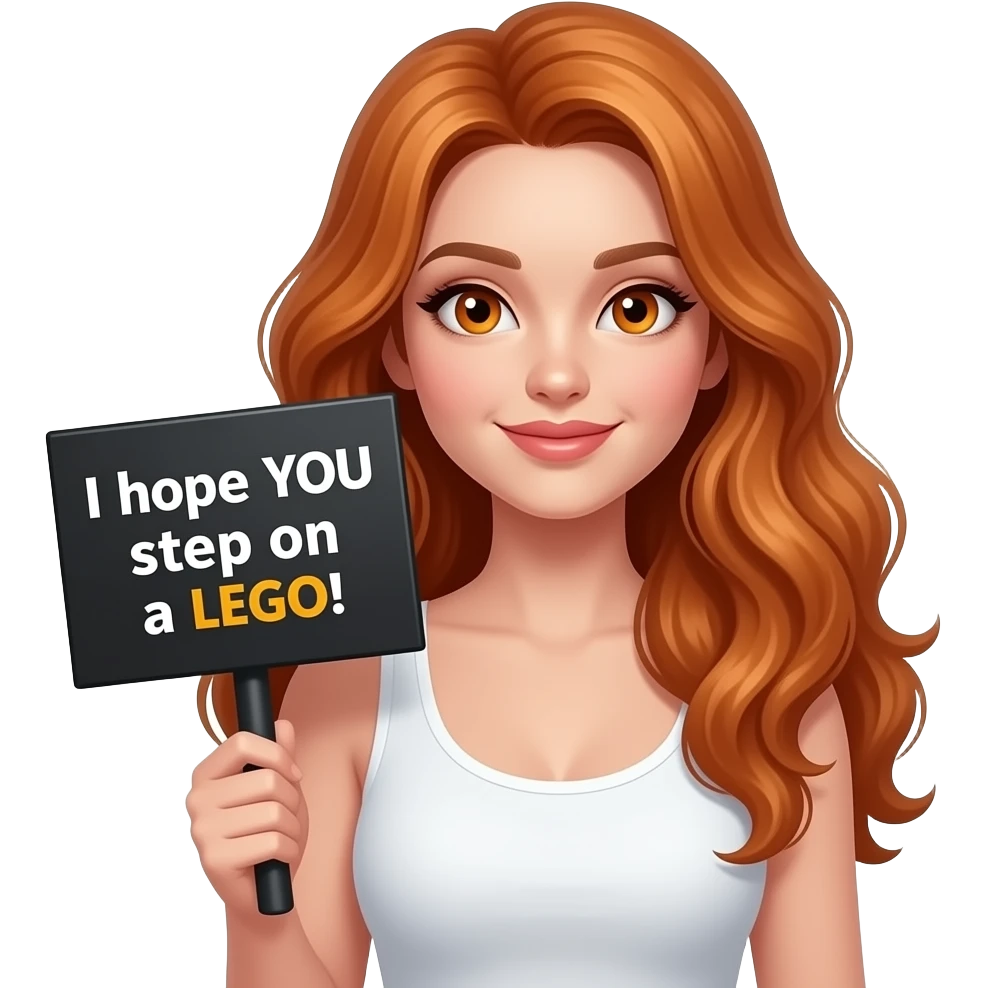 sexy girl with long wavy ginger hair and ginger eyes wearing a white tanktop is holding a black colored sign with I hope YOU step on a LEGO! written on it emoji