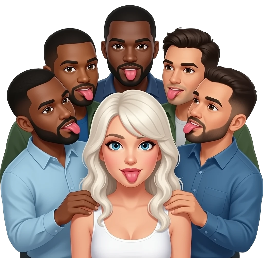 5 black guys behind a white woman facing me bent over touthong her but licking thier lips emoji