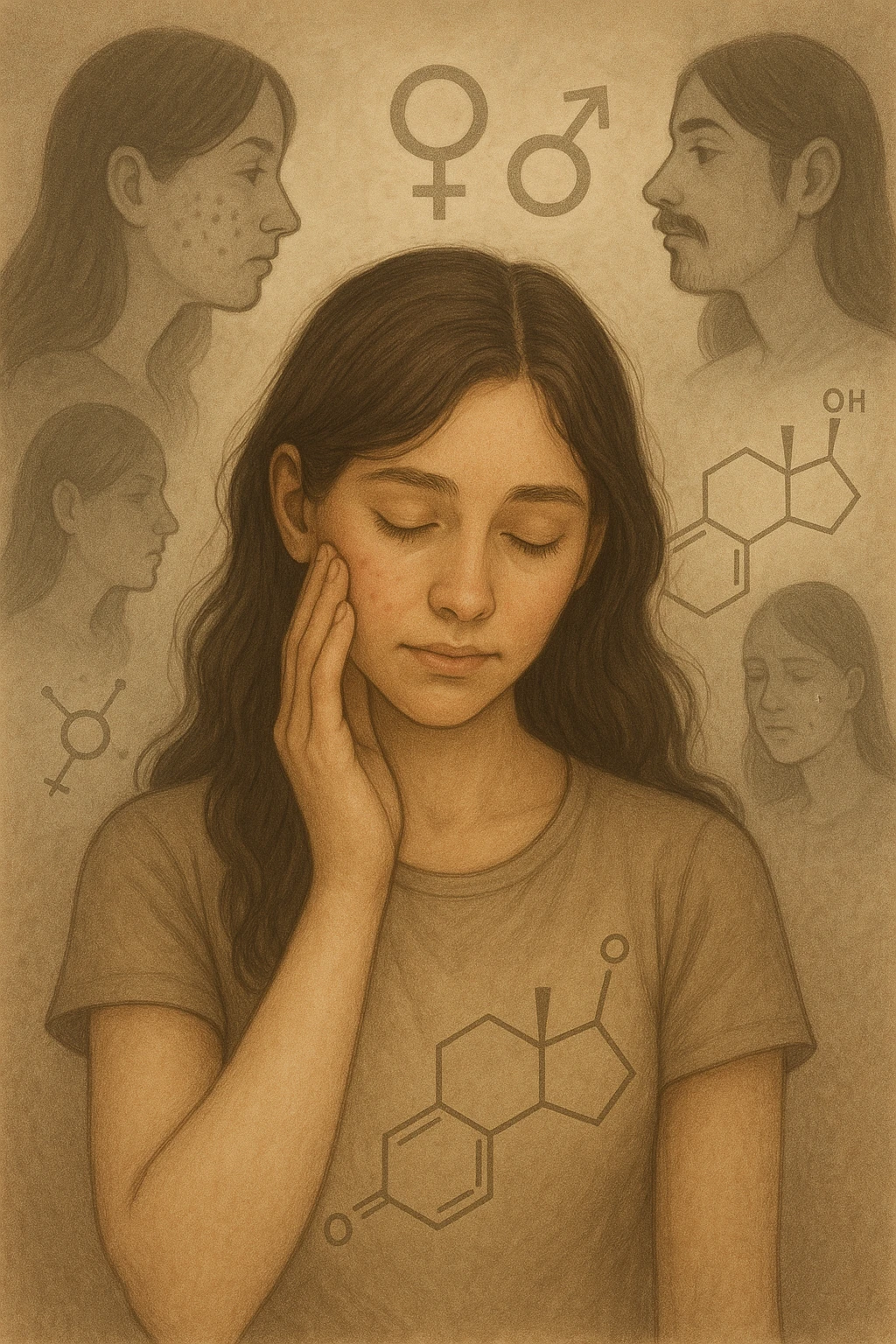A young woman is surrounded by faint overlays of hormonal symbols and androgen molecules, with shadowy images of acne, facial hair, and oily skin projected around her, symbolizing the symptoms of PCOS with androgen excess. She looks down, gently touching her face with a resigned but hopeful expression, symbolizing her journey toward managing these symptoms. emoji