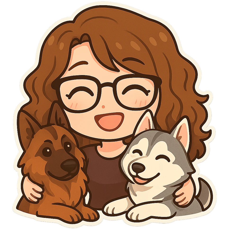 Create a chibi sticker emoji of a person with glasses and curly hair hugging two dogs, one German Shepherd and one Husky. The style should be cute and expressive, inspired by the provided reference images. Use a transparent background. emoji
