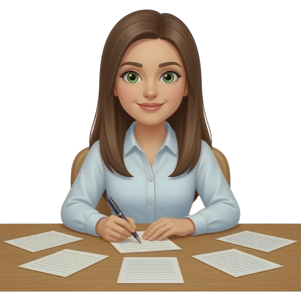 a brunette with long straight hair with green eyes writing down notes with a lot of pieces of paper around her scattered everywhere on the table (at least 5 pieces of paper)) emoji