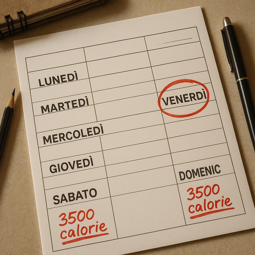 Hyperrealistic top-down view of a weekly calendar in Italian, showing days from Monday to Sunday. Friday is circled in red. Below both Saturday and Sunday, the text '3500 calorie' is underlined in red. The scene has 4K details and a desk atmosphere. emoji