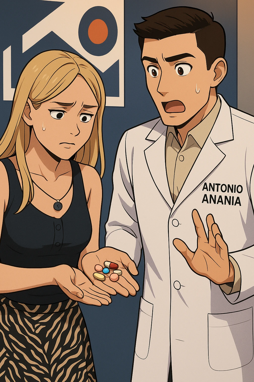 fai un webtoon/manga a colori con questo kinesiologo in camice bianco (fagli la scritta "ANTONIO ANANIA" SUL CAMICE) CHE PARLA CON QUESTA RAGAZZA. LA RAGAZZA HA UN PUGNO DI INTEGRATORI IN MANO (TANTE PILLOLE DIVERSE) E LE GUARDA DUBBIOSA. IL KINESIOLOGO CON IL CAMICE BIANCO LE DOMANDA UNA COSA SCIOCCATO. NON FARE I FUMETTI, FAI SOLO LORO COME SE DIALOGASSERO emoji