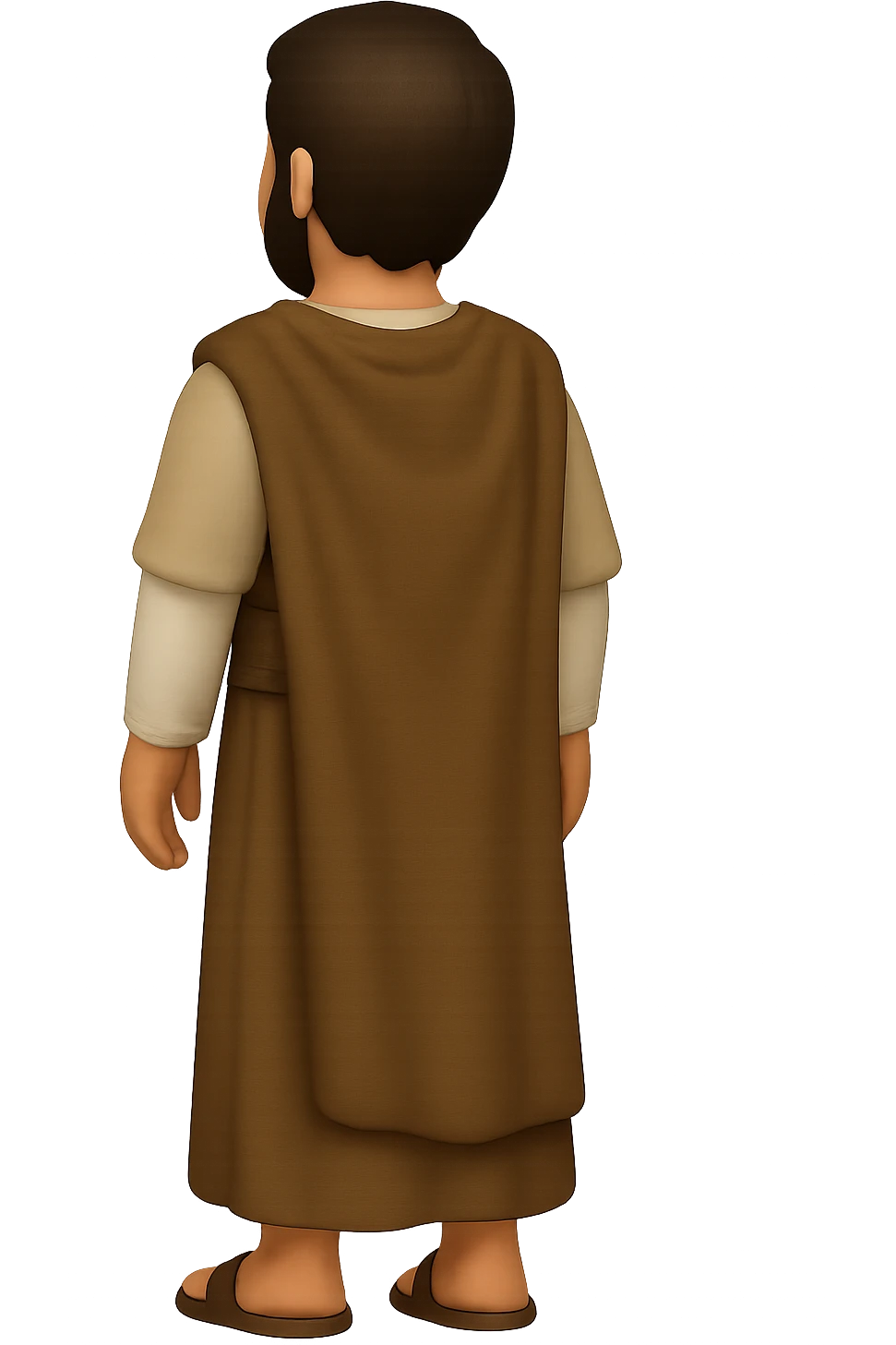 Edit the image to show a back view, centered full body, facing away, in classic emoji style. Depict apostle Peter with short hair, no hood, arms down by sides, smiling, full beard, wearing long sleeve brown clothes with beige details and a cape. No background. emoji