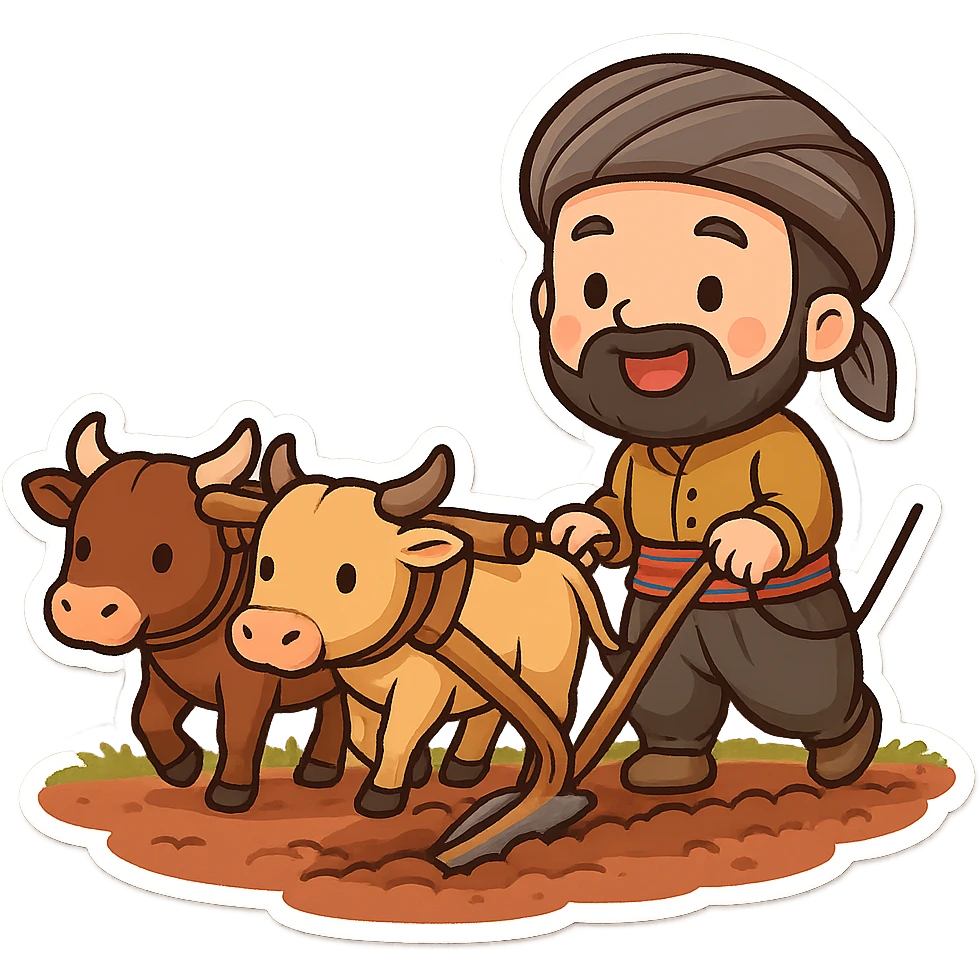 cartoon sticker of a traditional plowing scene with a Kurdish farmer using a traditional plow and two Kurdish oxen plowing agricultural land in Kurdistan, colorful and cheerful, no text, suitable for WhatsApp and Instagram, transparent background emoji