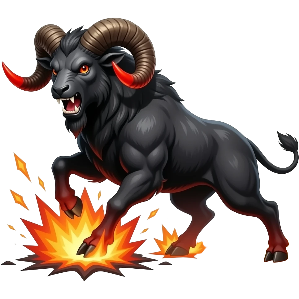 A ram-like beast with obsidian horns heated red at the tips. It charges with explosive force and can ignite the ground on impact. emoji