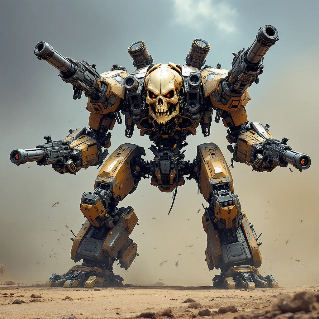A four-armed attack mech with a skull for a head, each arm equipped with a gun, charging into battle. Its spine connects to a vehicle chassis with heavy tank treads. Extremely mean and dangerous, detailed, menacing, aggressive, mechanical, futuristic battle robot. emoji