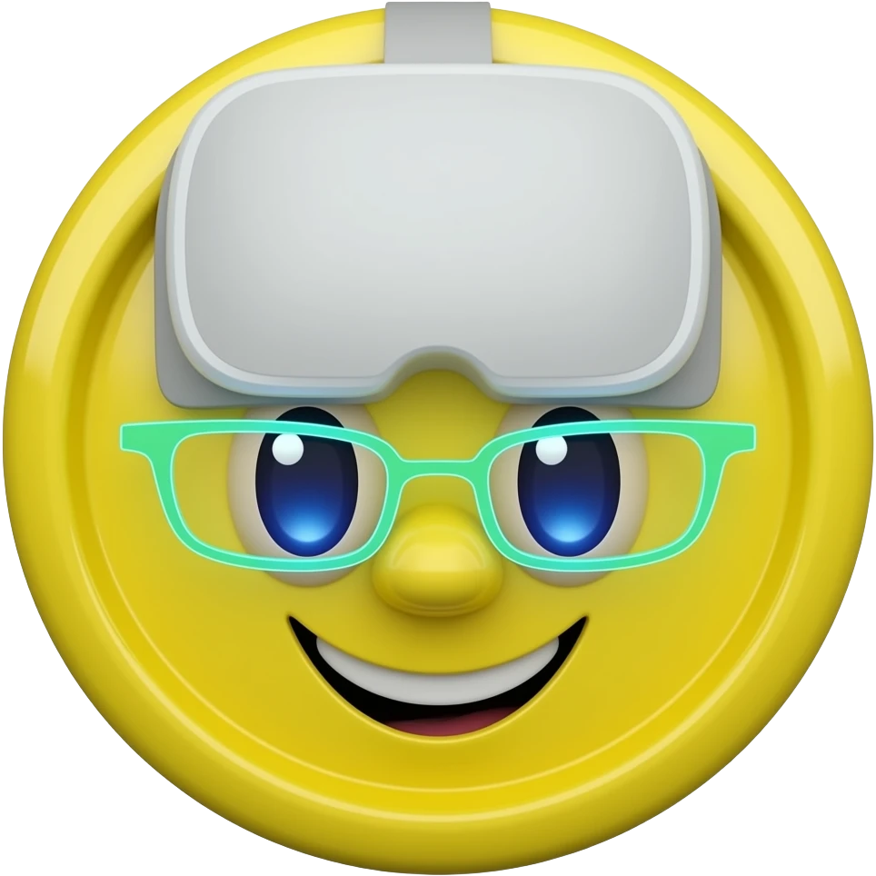 Crea un emoji amarillo tipo botón, sonriente, con casco y lentes VR, el casco sea blanco. Los ojos con luces neon y simplemente sonriendo. emoji