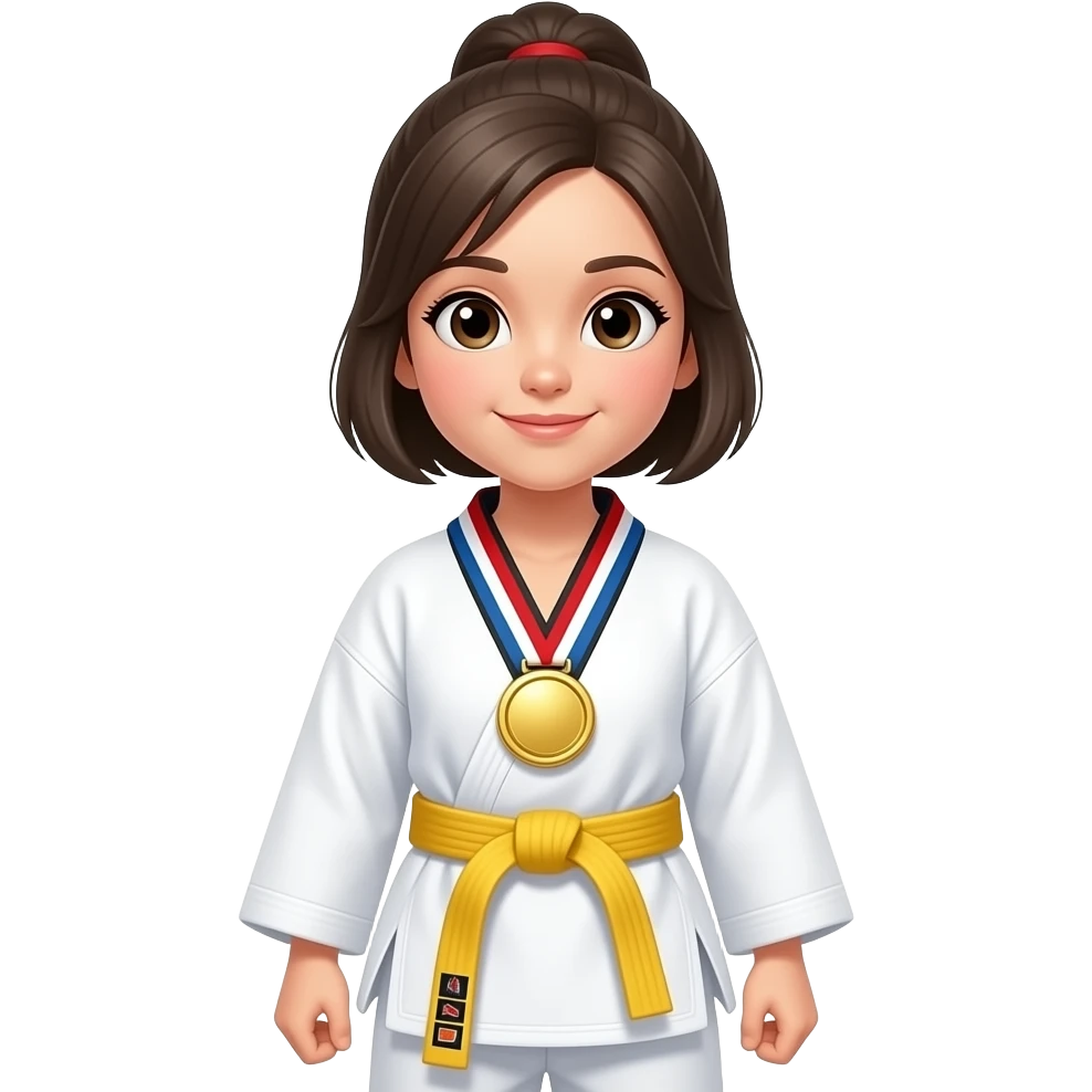 A taekwondo girl wearing white dress with a yellow belt of taekwondo wearing gold medal. emoji