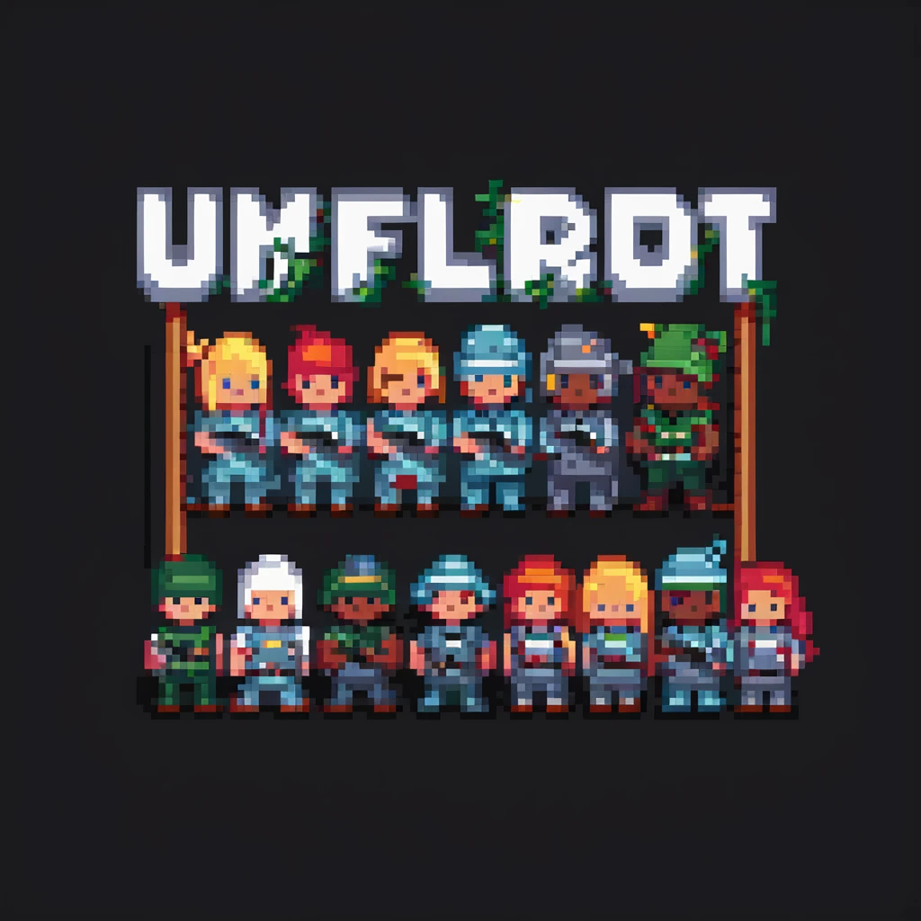 pixel art scene of a diverse quirky team working together under a banner that says 'unemployd retards', humorous energetic feel emoji