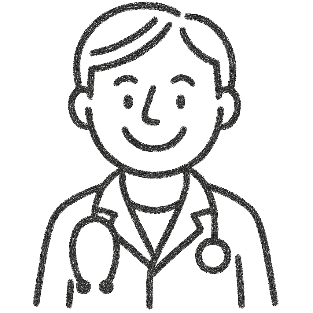 male doctor hand-drawn doodle style, white coat, stethoscope, cheerful expression, sketchy and lively emoji