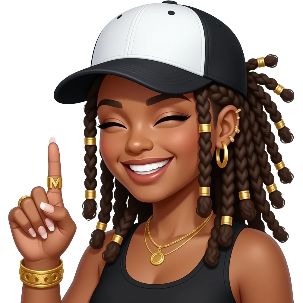 girl wearing a black & white trucker cap plain dreads,curly ends, gold hair charms & accessories. big sneaky smile eyes closed winking, hand doing the period hand gesture, long nails French manicure, gold M ring,  gold ring, gold bangle bracelet baddie energy emoji