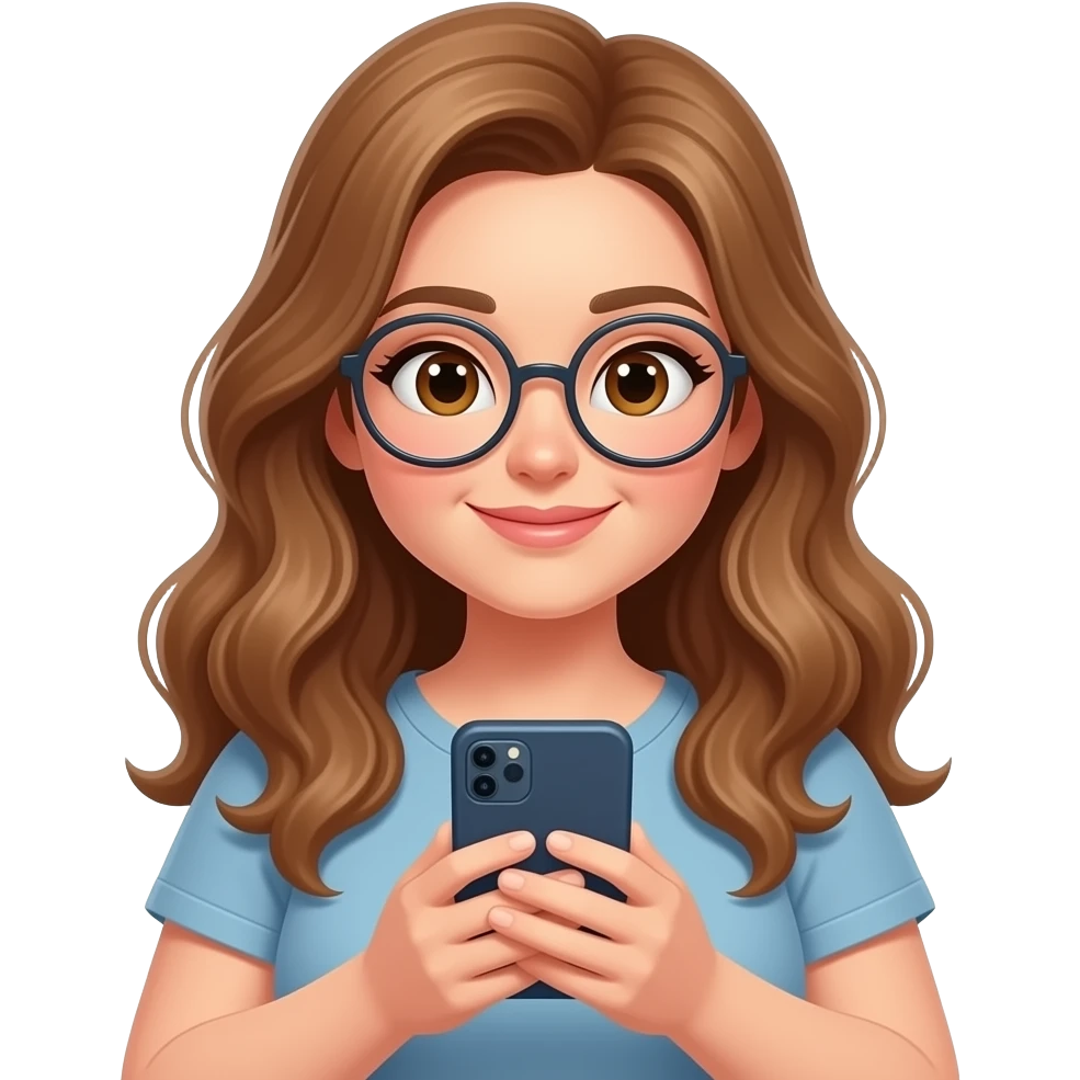 detailed emoji illustration of a curvy woman with long light brown wavy hair, light brown eyes and round glasses reading on her phone, casual modern reading vibe, cute emoji style emoji