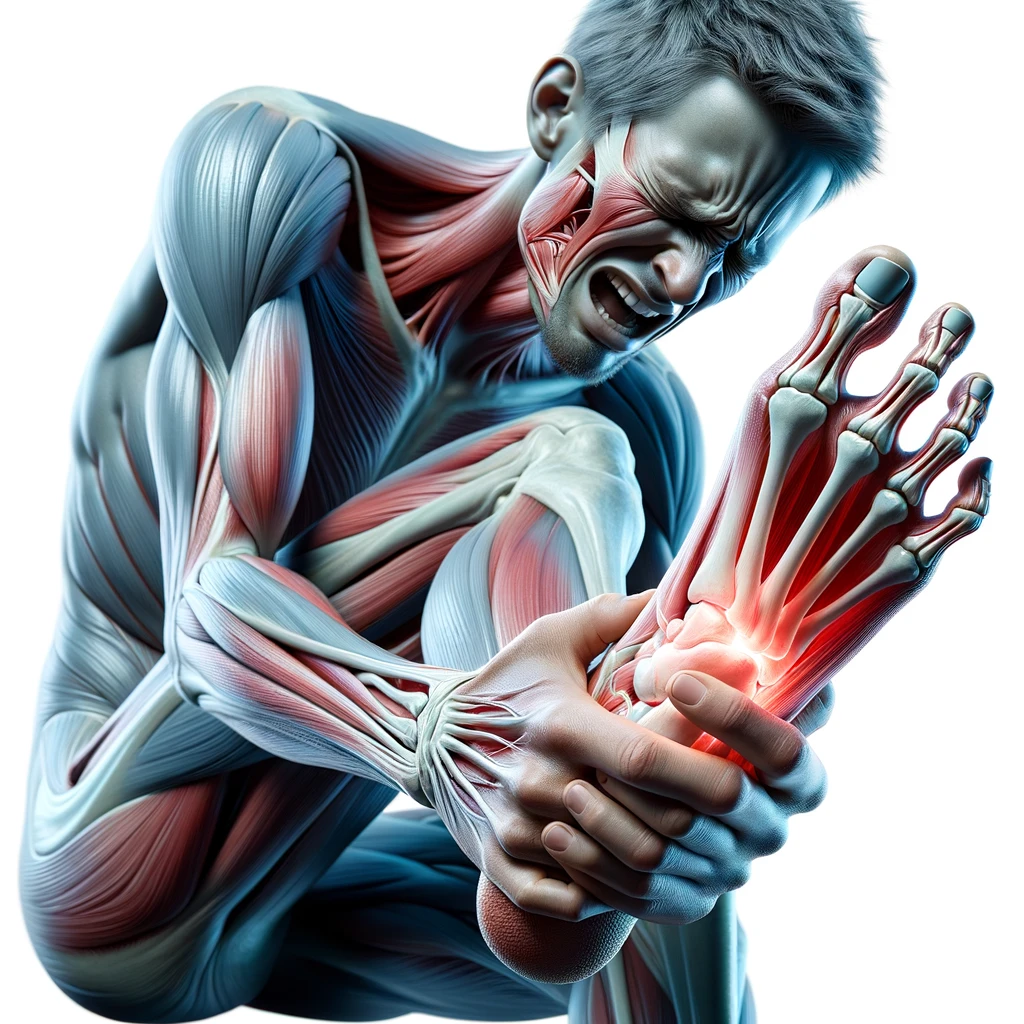 corpo umano anatomico con espressione di dolore in volto che si tiene il piede tra le mani perché ha dolore al piede, iperrealistico 4k, isolato su sfondo bianco emoji