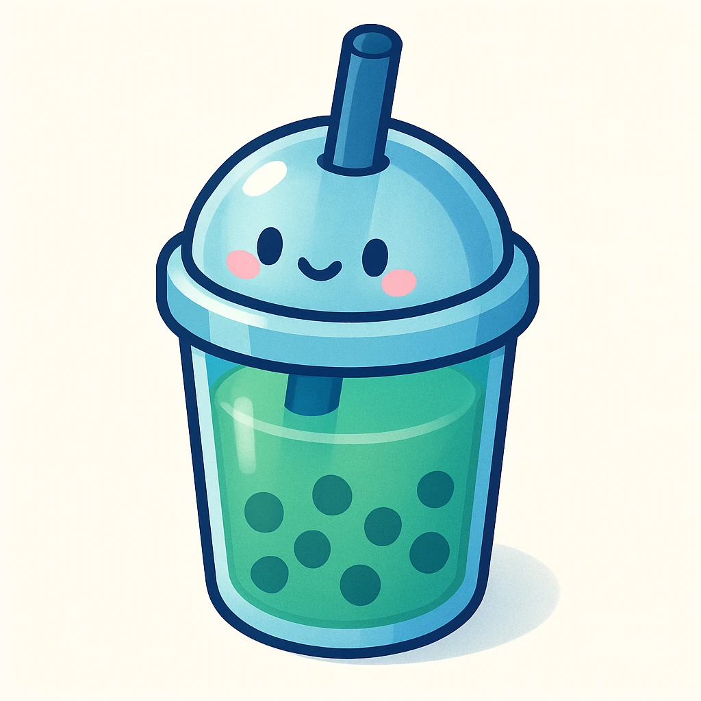 bubble tea cup with a rounded cute lid, blue cup, green drink inside, vector hand-drawn style, clear bold outlines, strong shadows and highlights, extra cute, matte glass effect emoji