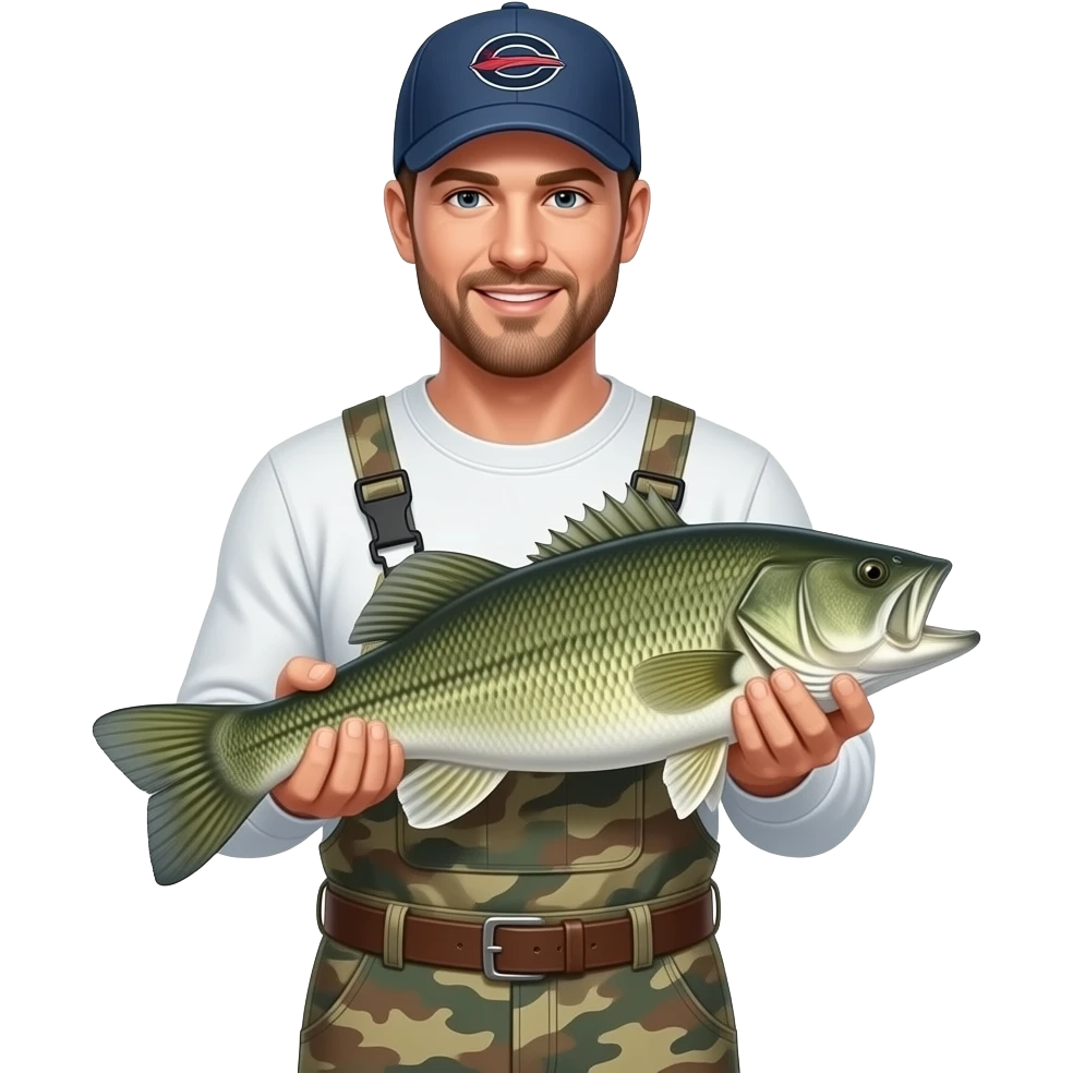 an adult with a white long sleeve T-shirt, and camouflage carpenter shorts and Us gamecock baseball hat holding a bass fish emoji