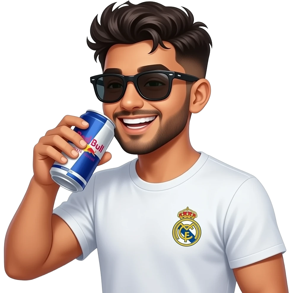 Indian young boy, lean bulked build laughing,, late teens, with light trimmed beard, side heavy fades with messy spikes hairstyle, drinking canned Red Bull with big dark black wayfarers and littleReal Madrid logo tshirt emoji