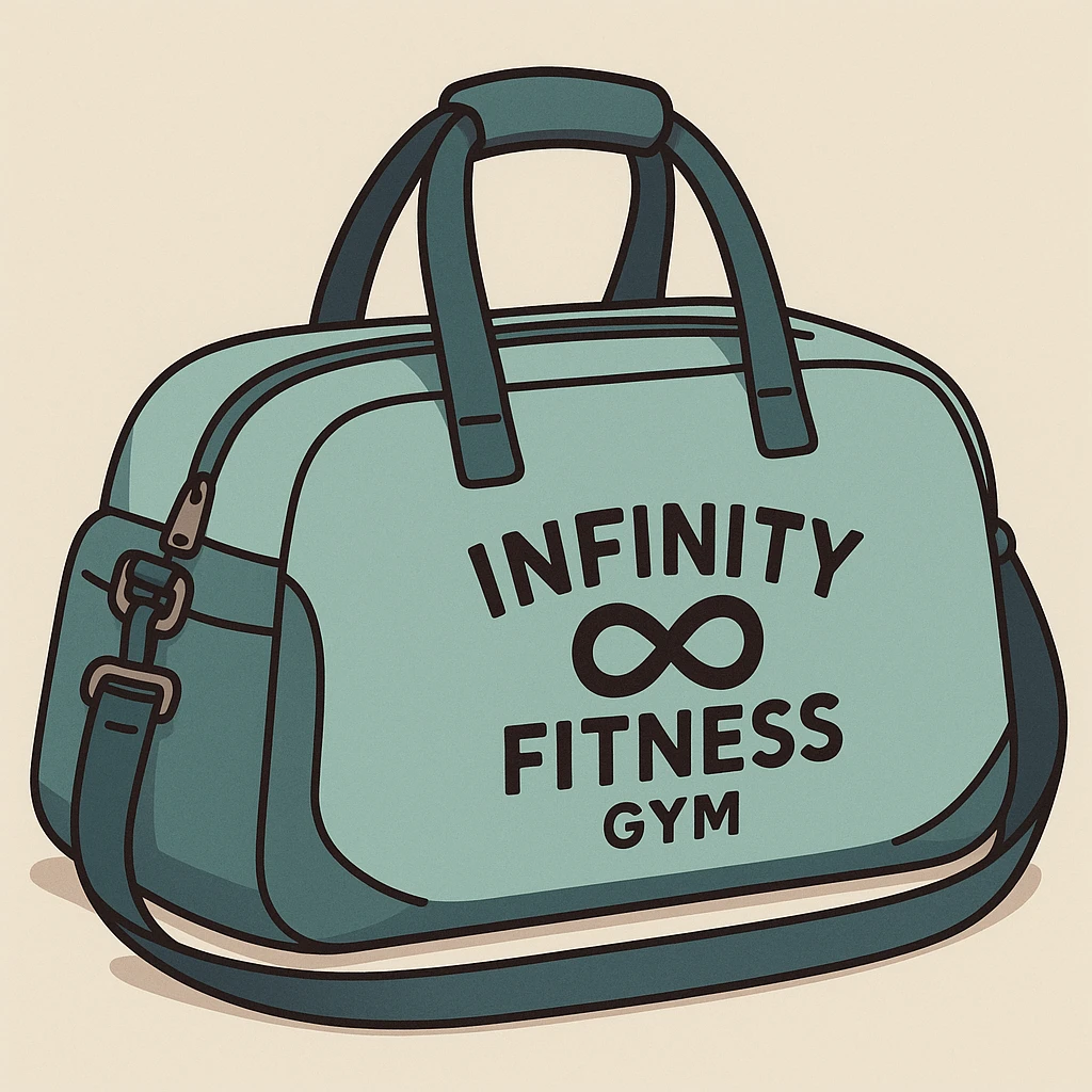 modern gym bag with 'Infinity Fitness Gym' printed on it, minimal flat style, clean and professional look emoji