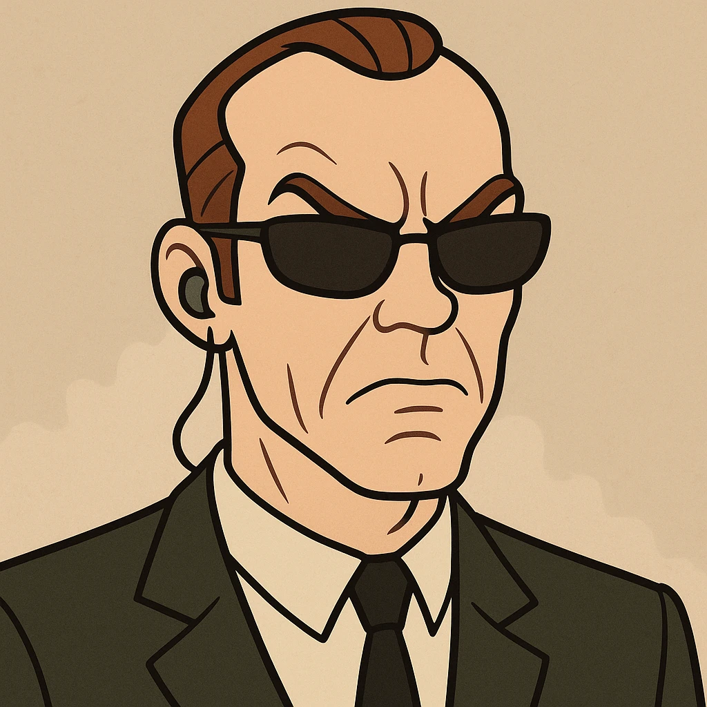 close-up face of cartoon Agent Smith from The Matrix, sunglasses, earpiece, exaggerated features emoji