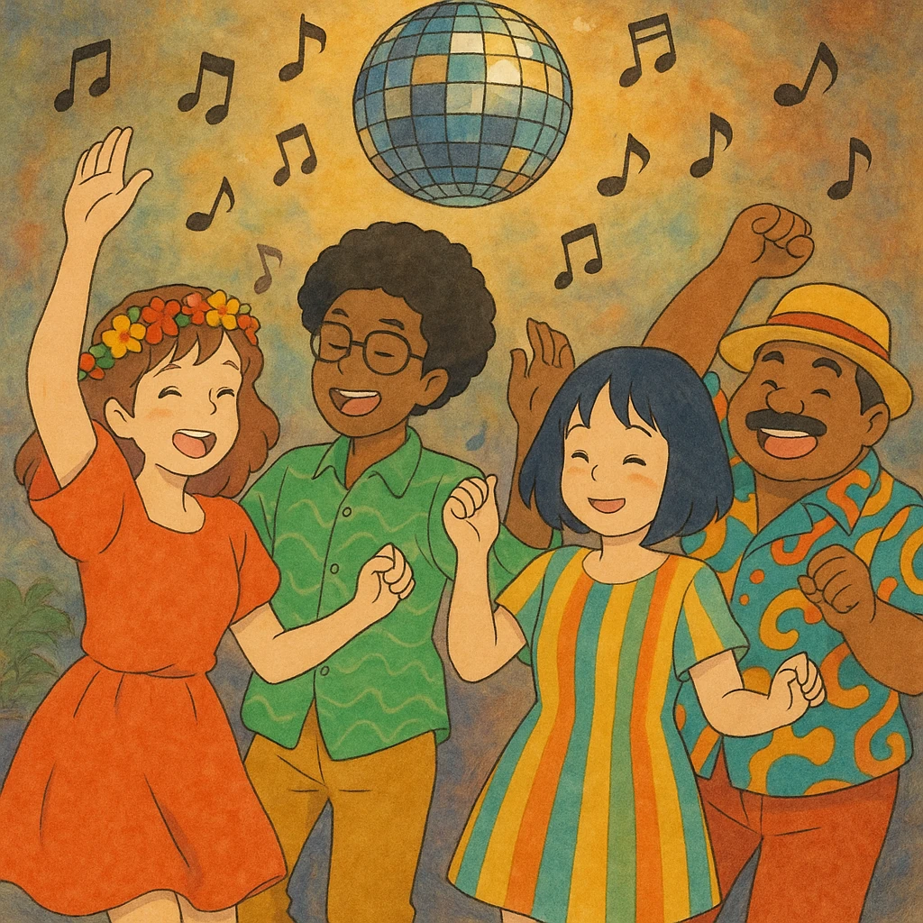 a diverse group of people at a party, colorful outfits, music notes and disco ball, ghibli style emoji