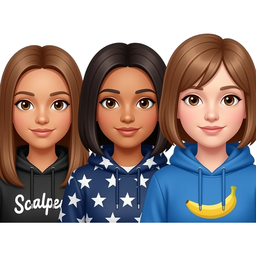 Tres amigas una castaña clarito pelo liso ojos marrones con una sudadera de scalpers,una pelo moreno y liso ojos marrones con una sudadera de estrellas,una con pelo liso marrón ojos marrones y una sudadera de blue banana. que se les vea bien a las tres emoji
