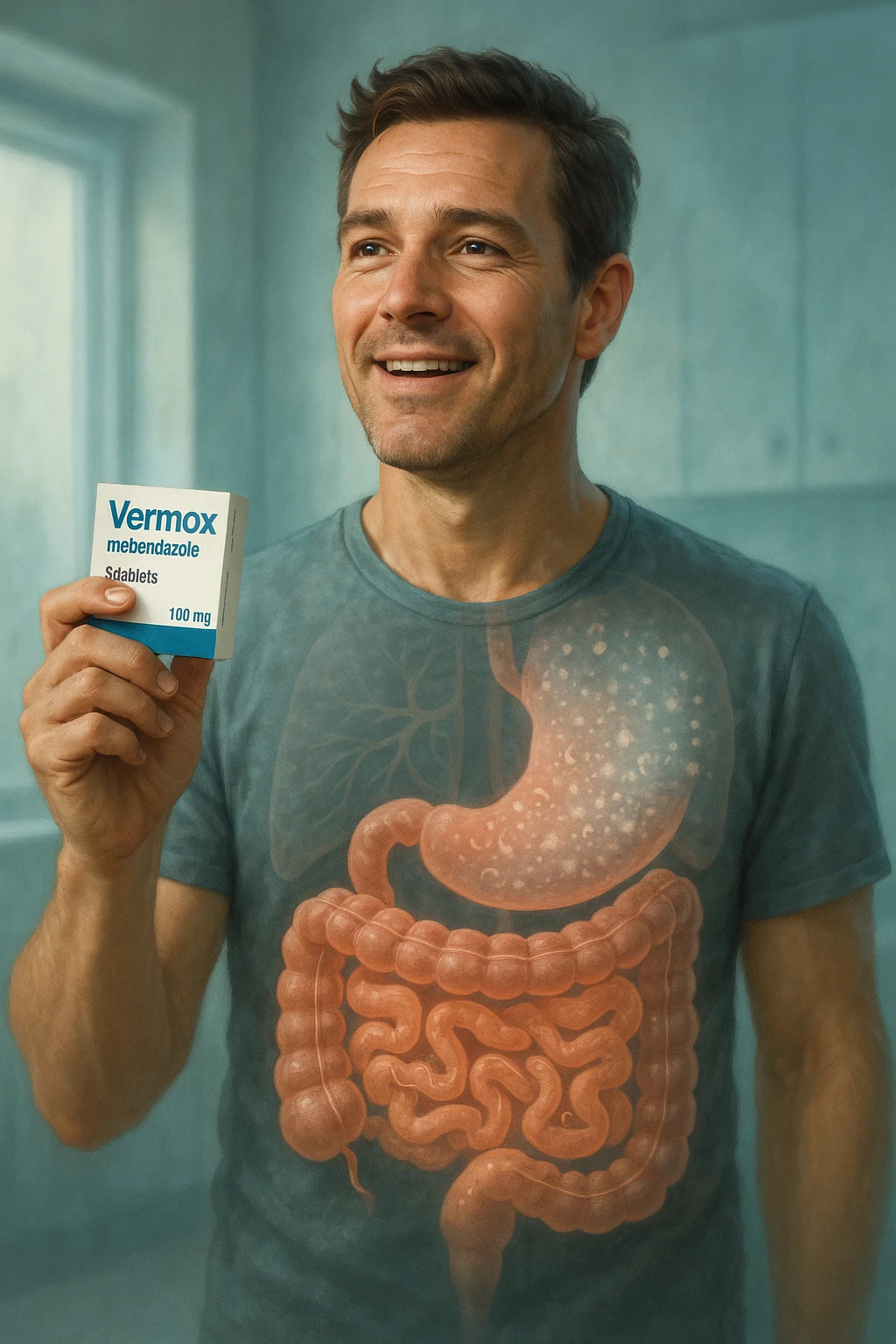 A realistic, cinematic illustration of a man in his late 30s holding a small white box of ‘Vermox’ (mebendazole) in one hand, with a relieved and hopeful expression on his face. Behind him, a semi-transparent overlay shows his digestive tract where small, symbolic worm-like parasites are dissolving and disappearing, indicating the medication’s effect. The environment is clean and bright, with a medical yet hopeful tone, conveying the concept of effective parasite removal. Subtle blue and green tones symbolize cleansing and health restoration, while the man appears energized and ready to reclaim his well-being emoji