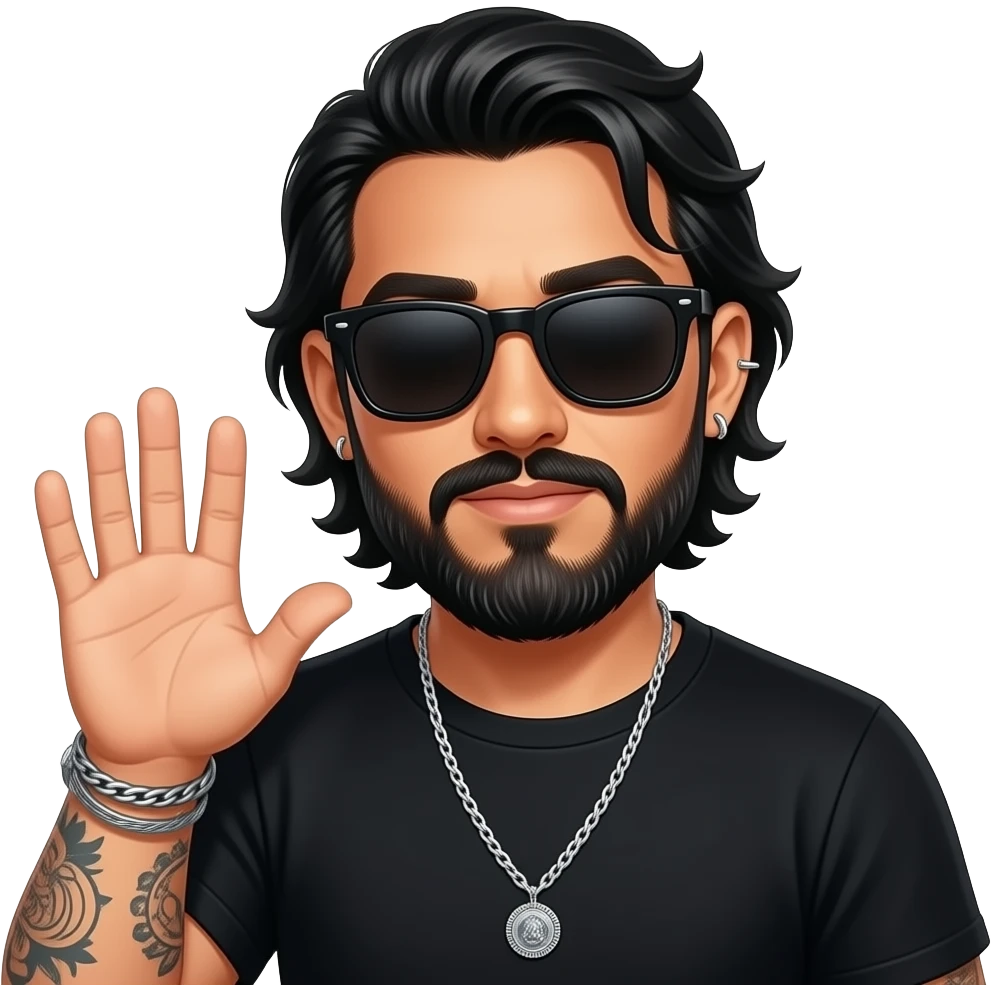 handsome, manly Latino podcast host with black colored eyes wearing black with silver jewelry, with medium length hair, a very long, lightly graying beard and tattoos, his ear pierced and right nostril as well, dark sunglasses, says “call me” with hand emoji