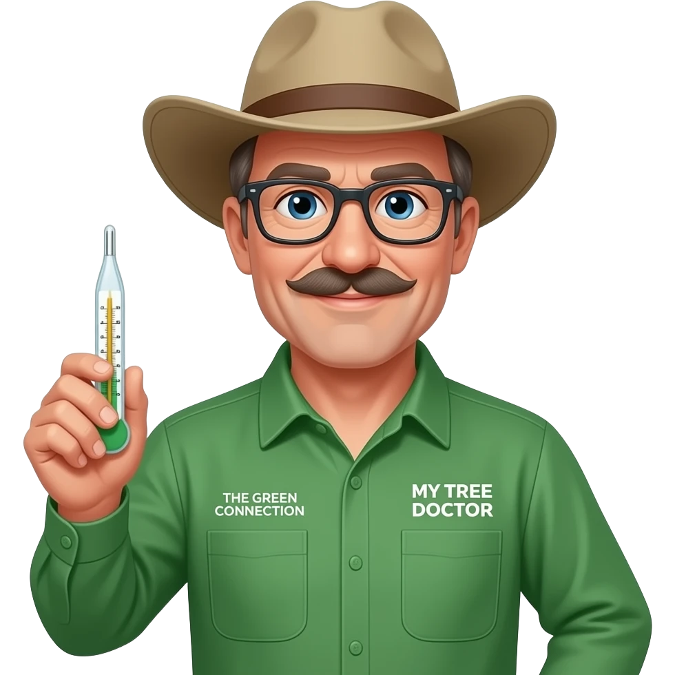 middle-aged man blue eyes. Dark-rimmed rectangle glasses, in a green-collared, long-sleeve shirt.  Flatter wider-brim Australian Akubru hat. Holding a thermometer. Insert 'THE GREEN CONNECTION' in white directly onto the left pocket & onto the right pocket, place only the words 'MY TREE DOCTOR' emoji