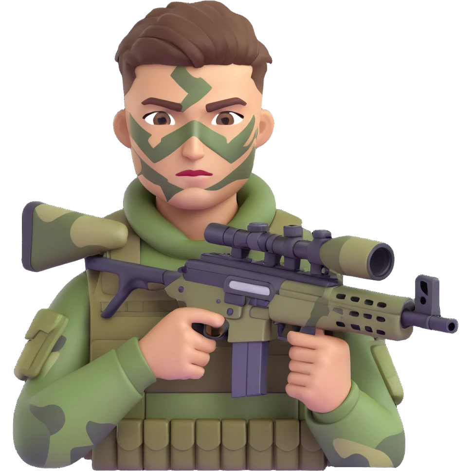 Add camouflage face paint to the muscular soldier, keep the cool hairstyle and sniper rifle, preserve 3D emoji style, no background. emoji