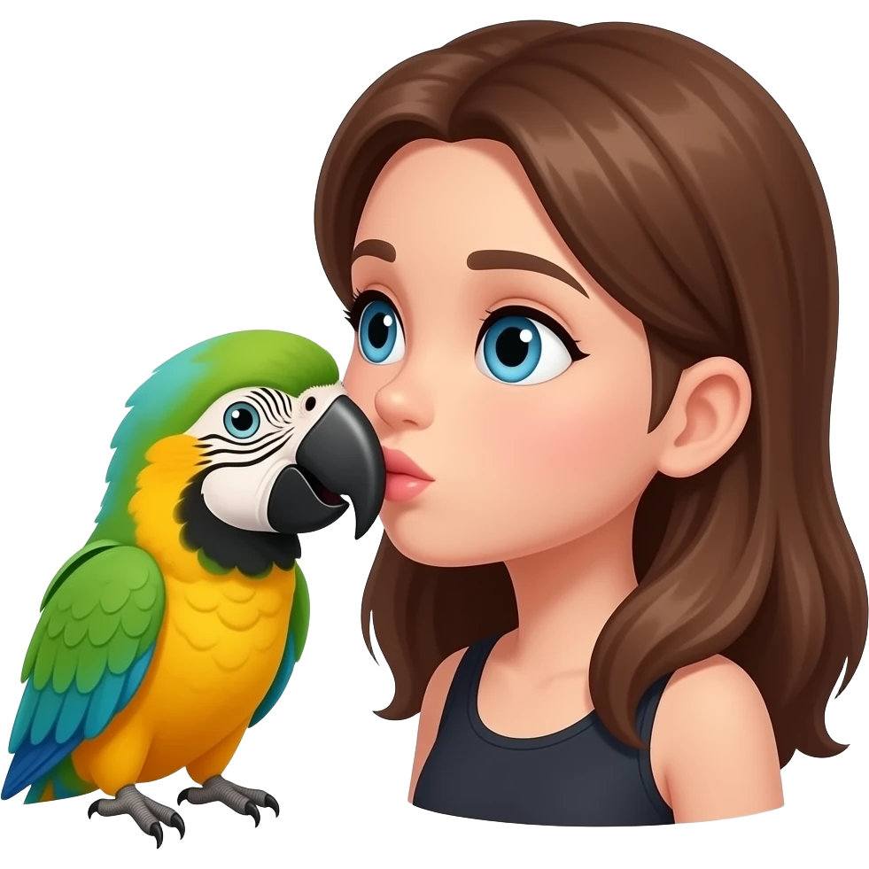 Un emogi de un loro besando a una chica morena con ojos azules emoji